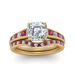 Load image into Gallery viewer, asscher-cut-graduated-channel-diamond-wedding-set-with-pink-sapphire-in-FD122866ASGSADRPI-NL-YG
