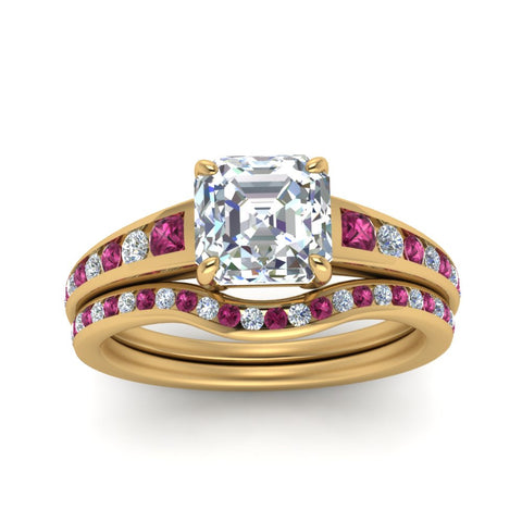 asscher-cut-graduated-channel-diamond-wedding-set-with-pink-sapphire-in-FD122866ASGSADRPI-NL-YG