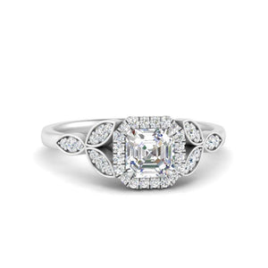 Asscher Cut Leaf Halo Diamond Engagement Ring