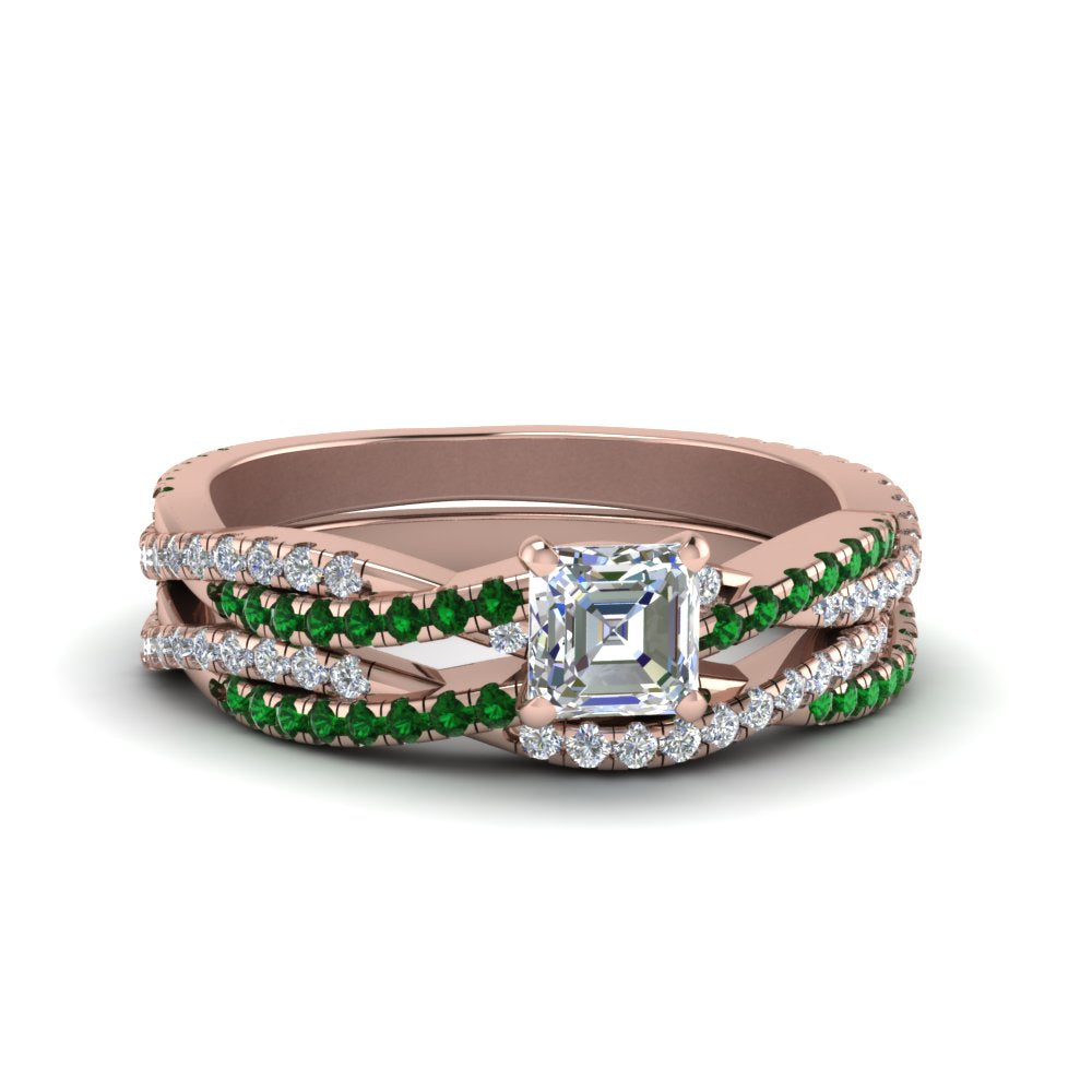 asscher-cut-simple-diamond-twisted-vine-bridal-ring-sets-with-emerald-in-14K-rose-gold-FD8233ASGEMGR-NL-RG