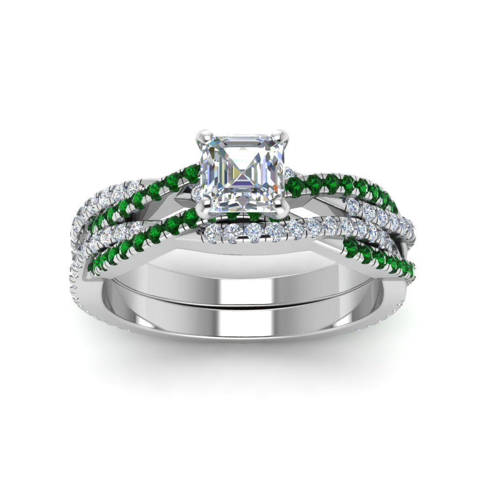 asscher-cut-simple-diamond-twisted-vine-bridal-ring-sets-with-emerald-in-14K-white-gold-FD8233ASGEMGR-NL-WG