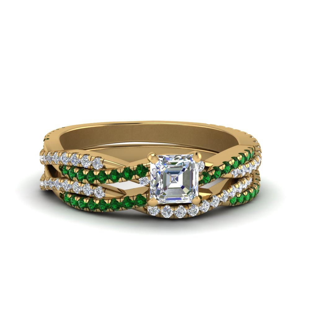 asscher-cut-simple-diamond-twisted-vine-bridal-ring-sets-with-emerald-in-14K-yellow-gold-FD8233ASGEMGR-NL-YG
