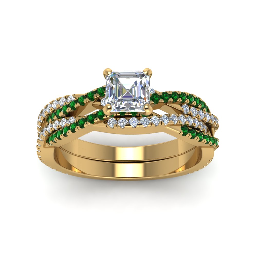 asscher-cut-simple-diamond-twisted-vine-bridal-ring-sets-with-emerald-in-14K-yellow-gold-FD8233ASGEMGR-NL-YG