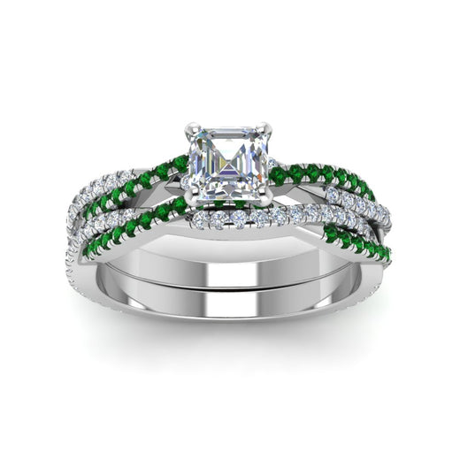 asscher-cut-simple-diamond-twisted-vine-bridal-ring-sets-with-emerald-in-950-Platinum-FD8233ASGEMGR-NL-WG