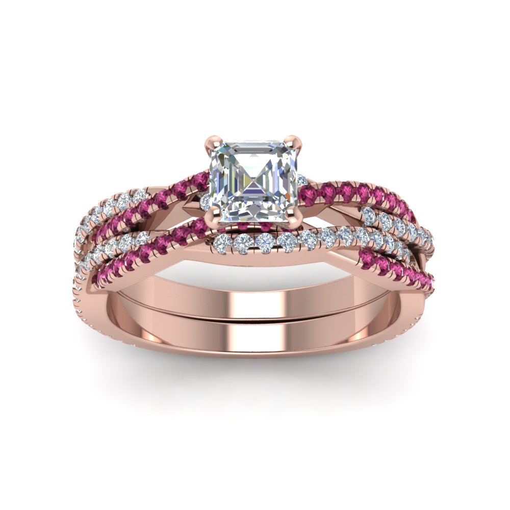 asscher-cut-simple-diamond-twisted-vine-bridal-ring-sets-with-pink-sapphire-in-14K-rose-gold-FD8233ASGSADRPI-NL-RG