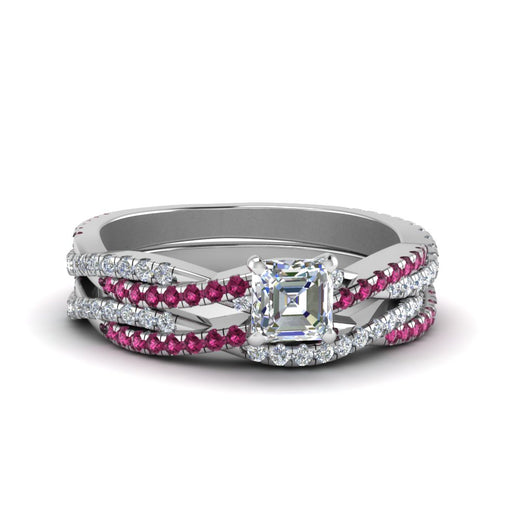 asscher-cut-simple-diamond-twisted-vine-bridal-ring-sets-with-pink-sapphire-in-14K-white-gold-FD8233ASGSADRPI-NL-WG