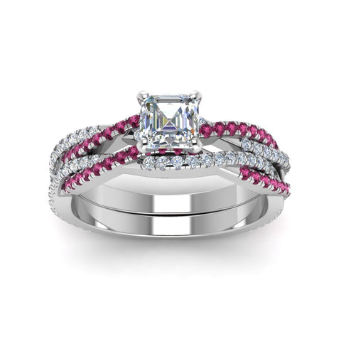 asscher-cut-simple-diamond-twisted-vine-bridal-ring-sets-with-pink-sapphire-in-14K-white-gold-FD8233ASGSADRPI-NL-WG