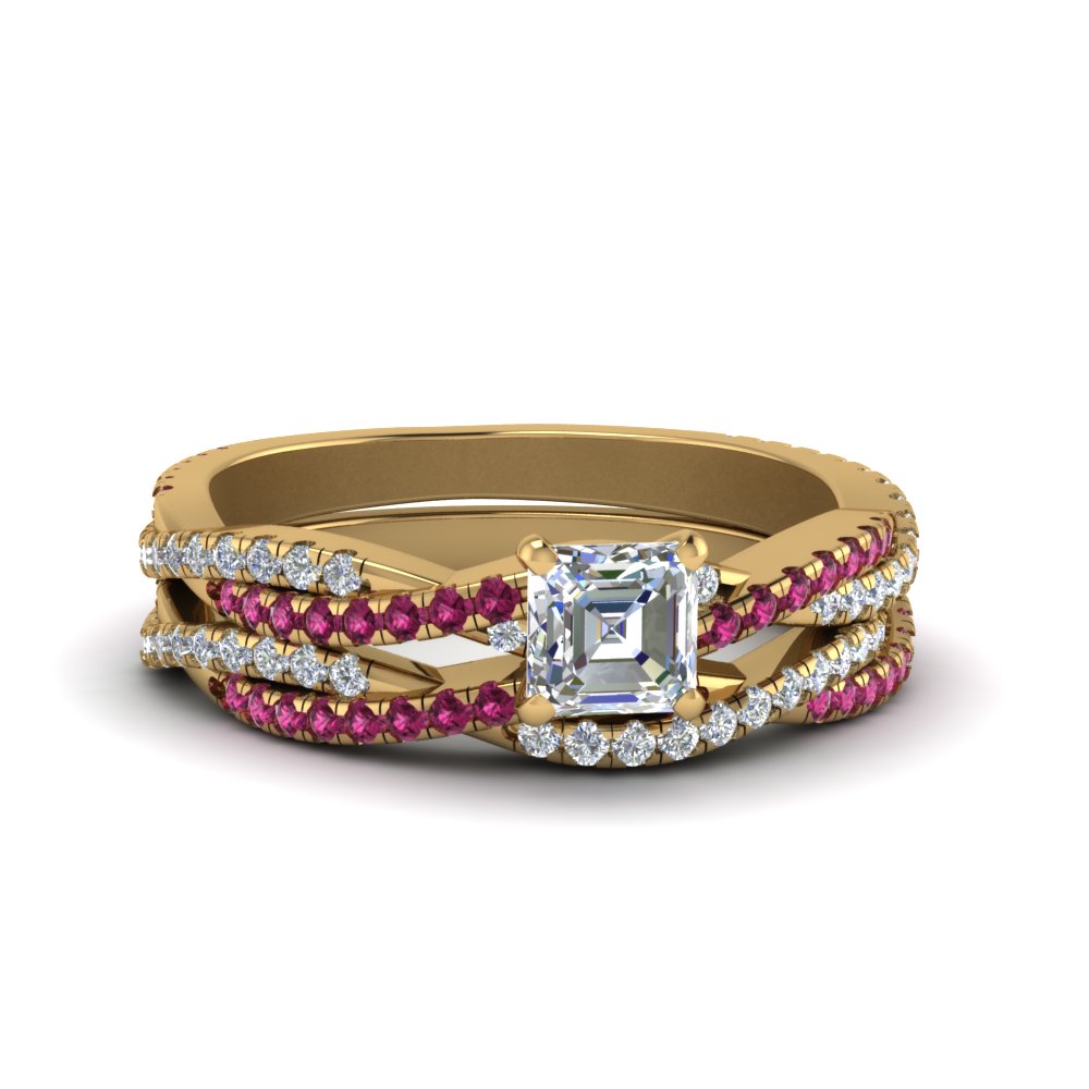 asscher-cut-simple-diamond-twisted-vine-bridal-ring-sets-with-pink-sapphire-in-14K-yellow-gold-FD8233ASGSADRPI-NL-YG