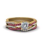 Load image into Gallery viewer, asscher-cut-simple-diamond-twisted-vine-bridal-ring-sets-with-pink-sapphire-in-14K-yellow-gold-FD8233ASGSADRPI-NL-YG
