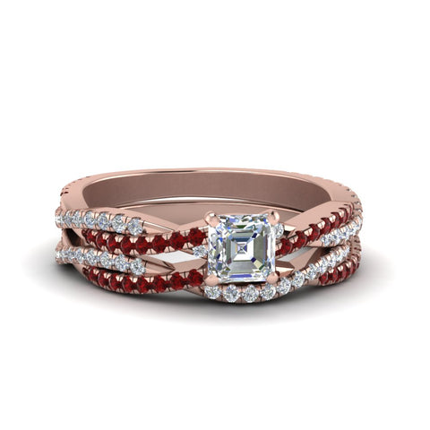 asscher-cut-simple-diamond-twisted-vine-bridal-ring-sets-with-ruby-in-14K-rose-gold-FD8233ASGRUDR-NL-RG