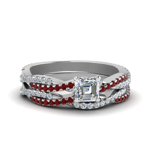 asscher-cut-simple-diamond-twisted-vine-bridal-ring-sets-with-ruby-in-14K-white-gold-FD8233ASGRUDR-NL-WG