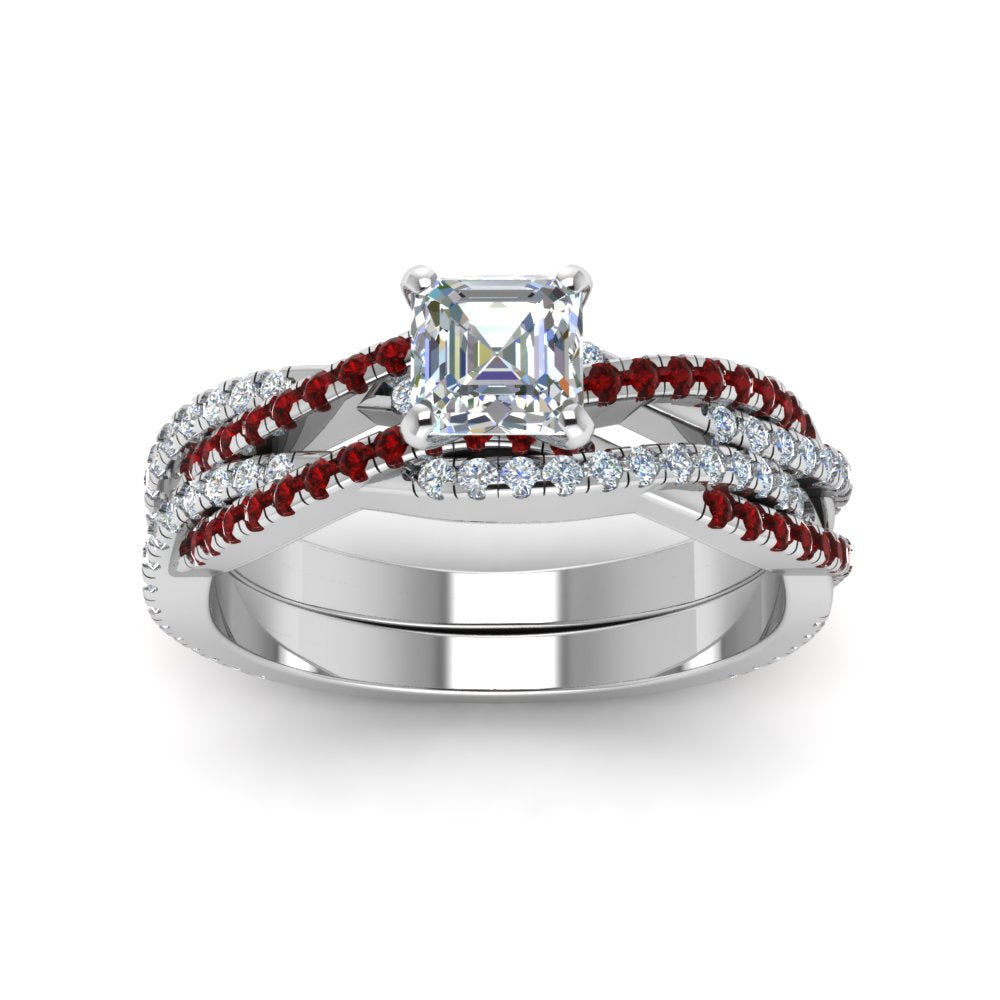 asscher-cut-simple-diamond-twisted-vine-bridal-ring-sets-with-ruby-in-14K-white-gold-FD8233ASGRUDR-NL-WG