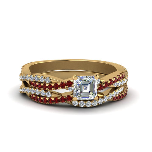 asscher-cut-simple-diamond-twisted-vine-bridal-ring-sets-with-ruby-in-14K-yellow-gold-FD8233ASGRUDR-NL-YG
