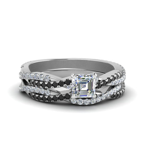 asscher-cut-simple-twisted-vine-bridal-ring-sets-with-black-diamond-in-14K-white-gold-FD8233ASGBLACK-NL-WG