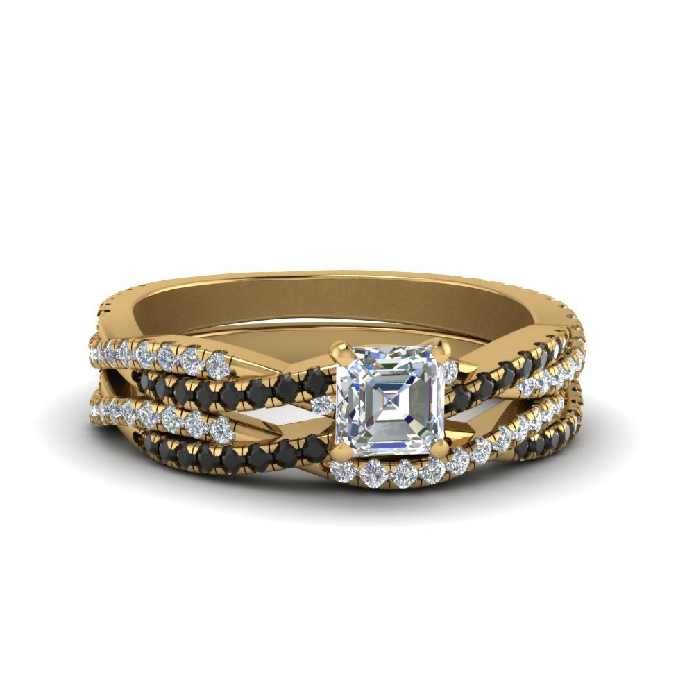 asscher-cut-simple-twisted-vine-bridal-ring-sets-with-black-diamond-in-14K-yellow-gold-FD8233ASGBLACK-NL-YG