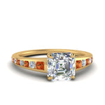Load image into Gallery viewer, asscher-cut-swirl-engraved-channel-accent-diamond-engagement-ring-with-orange-sapphire-in-FD122866ASRGSAOR-NL-YG
