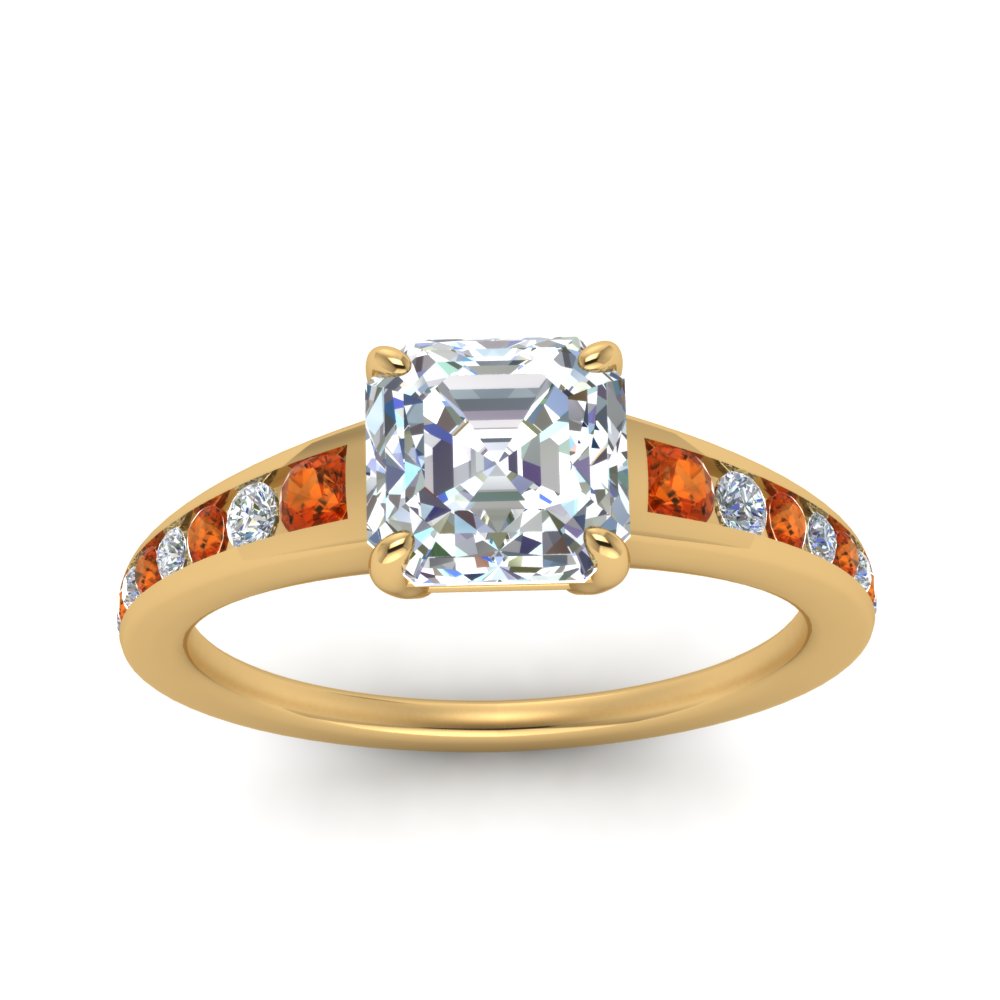 asscher-cut-swirl-engraved-channel-accent-diamond-engagement-ring-with-orange-sapphire-in-FD122866ASRGSAOR-NL-YG