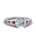 Load image into Gallery viewer, asscher-cut-swirl-engraved-channel-accent-diamond-engagement-ring-with-pink-sapphire-in-FD122866ASRGSADRPI-NL-WG
