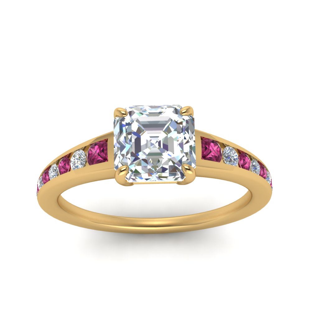 asscher-cut-swirl-engraved-channel-accent-diamond-engagement-ring-with-pink-sapphire-in-FD122866ASRGSADRPI-NL-YG