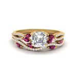 Load image into Gallery viewer, asscher-cut-twisted-vine-luxury-pink-sapphire-bridal-ring-set-in-yellow-gold-FDENR3211ASGSADRPIANGLE3-NL-YG