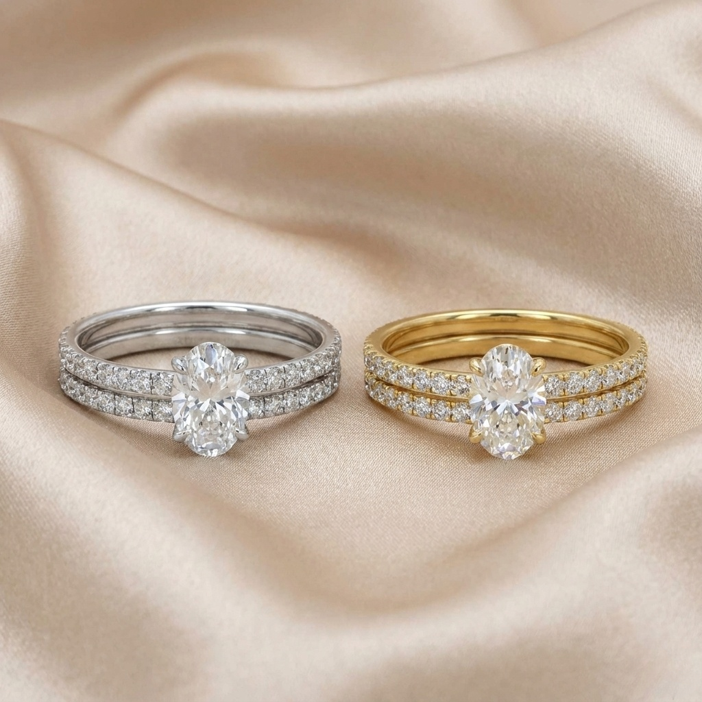 Hidden Halo Oval Engagement Rings and Wedding Bands