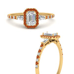 Load image into Gallery viewer, baguette-emerald-cut-halo-accented-orange-sapphire-engagement-ring-in-yellow-gold-FD10047EMRGSAORANGLE3-NL-YG