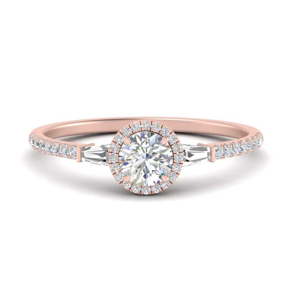 Round Cut Halo Engagement Ring With Side Baguette