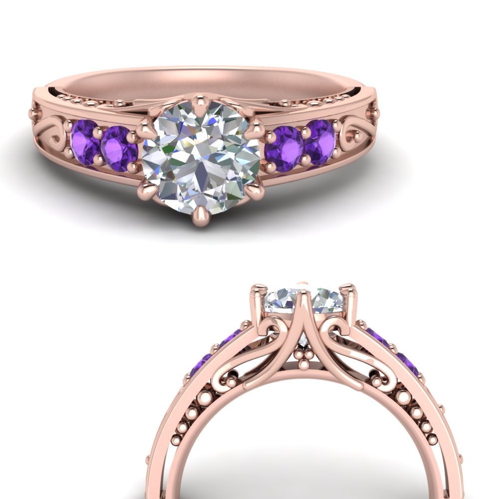 Round Cut Filigree 6 Prong Engagement Ring