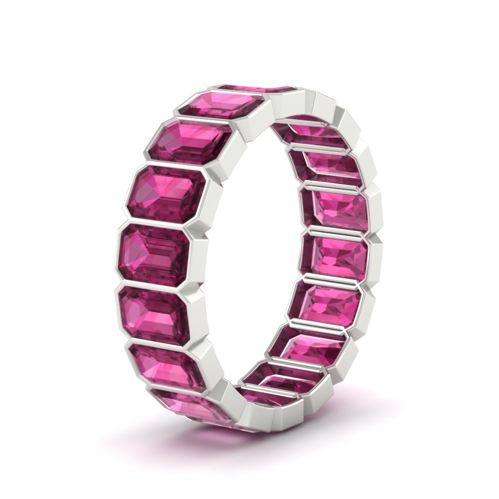 bezel-emerald-cut-5-carat-pink-sapphire-eternity-wedding-band-in-white-gold-FD-10417EMBGSADRPIANGLE2-5.00CT-NL-WG