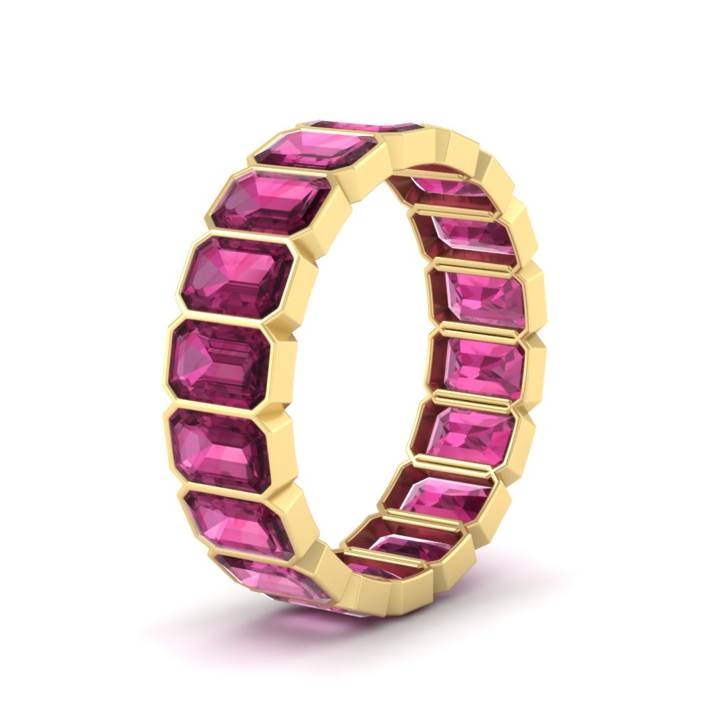 bezel-emerald-cut-5-carat-pink-sapphire-eternity-wedding-band-in-yellow-gold-FD-10417EMBGSADRPIANGLE2-5.00CT-NL-YG