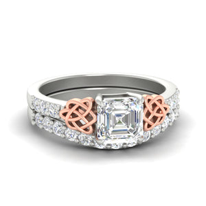Asscher Cut Two Tone Celtic Bridal Ring Set