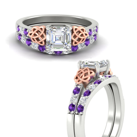 Asscher Cut Two Tone Celtic Bridal Ring Set
