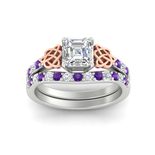 Asscher Cut Two Tone Celtic Bridal Ring Set