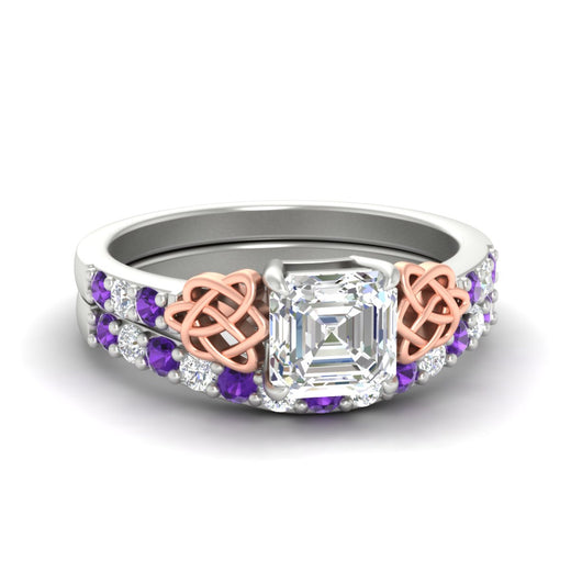 Asscher Cut Two Tone Celtic Bridal Ring Set