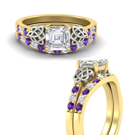 Asscher Cut Two Tone Celtic Bridal Ring Set