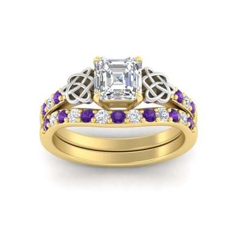 Asscher Cut Two Tone Celtic Bridal Ring Set