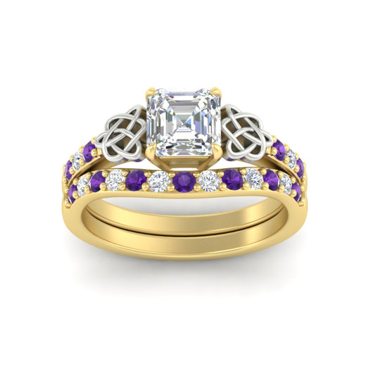Asscher Cut Two Tone Celtic Bridal Ring Set