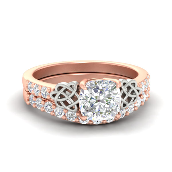Cushion Lab Grown Two Tone Celtic Bridal Ring Set