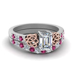 Load image into Gallery viewer, celtic-emerald-cut-diamond-wedding-ring-set-with-pink-sapphire-in-white-gold-FDENS2255B1EMGSADRPI-NL-WG?v=1757056883