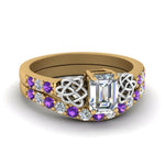 Load image into Gallery viewer, celtic-emerald-cut-diamond-wedding-ring-set-with-violet-topaz-in-yellow-gold-FDENS2255B1EMGVITO-NL-YG_fa4289ec-818d-45b5-af01-b4c1aec9c100?v=1757056978

