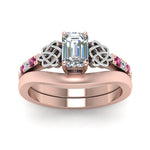 Load image into Gallery viewer, celtic-knot-emerald-cut-diamond-ring-with-plain-band-set-with-pink-sapphire-in-rose-gold-FDENS2255B3EMGSADRPIANGLE5-NL-RG?v=1756976734
