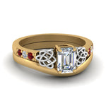 Load image into Gallery viewer, celtic-knot-emerald-cut-diamond-ring-with-plain-band-set-with-ruby-in-yellow-gold-FDENS2255B3EMGRUDR-NL-YG?v=1756976733
