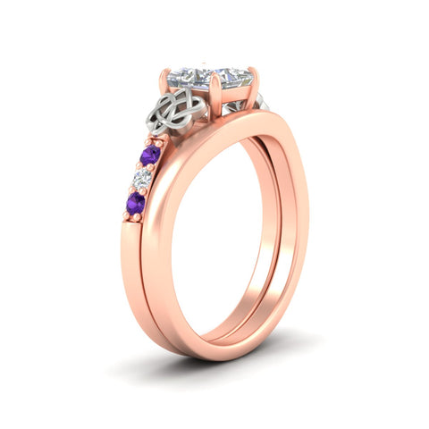 Princess Cut Celtic Knot Ring Set With Plain Band