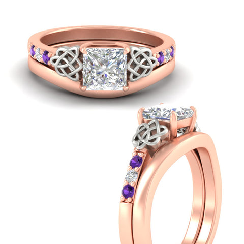 Princess Cut Celtic Knot Ring Set With Plain Band