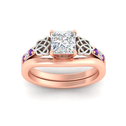 Princess Cut Celtic Knot Ring Set With Plain Band