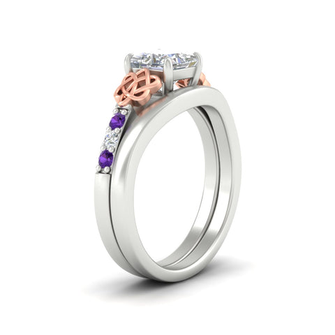 Princess Cut Celtic Knot Ring Set With Plain Band