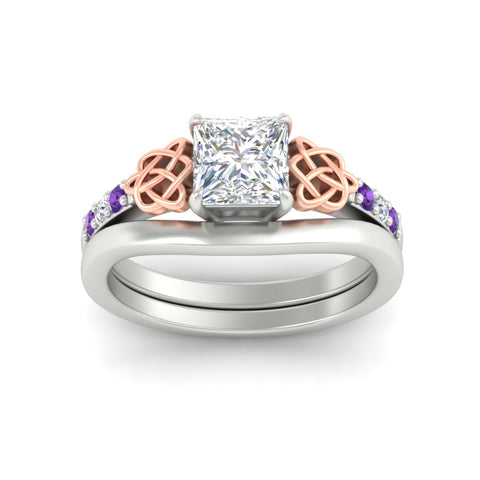 Princess Cut Celtic Knot Ring Set With Plain Band