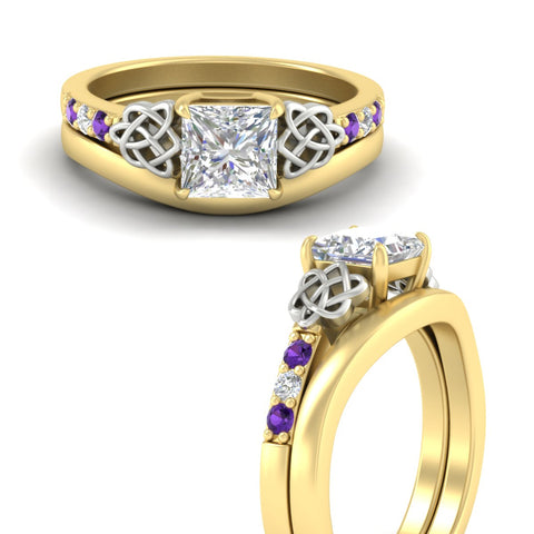 Princess Cut Celtic Knot Ring Set With Plain Band