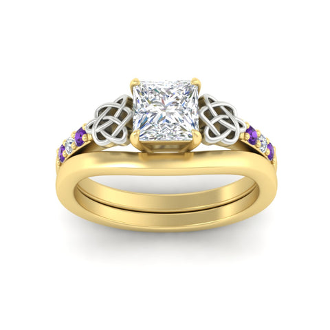 Princess Cut Celtic Knot Ring Set With Plain Band