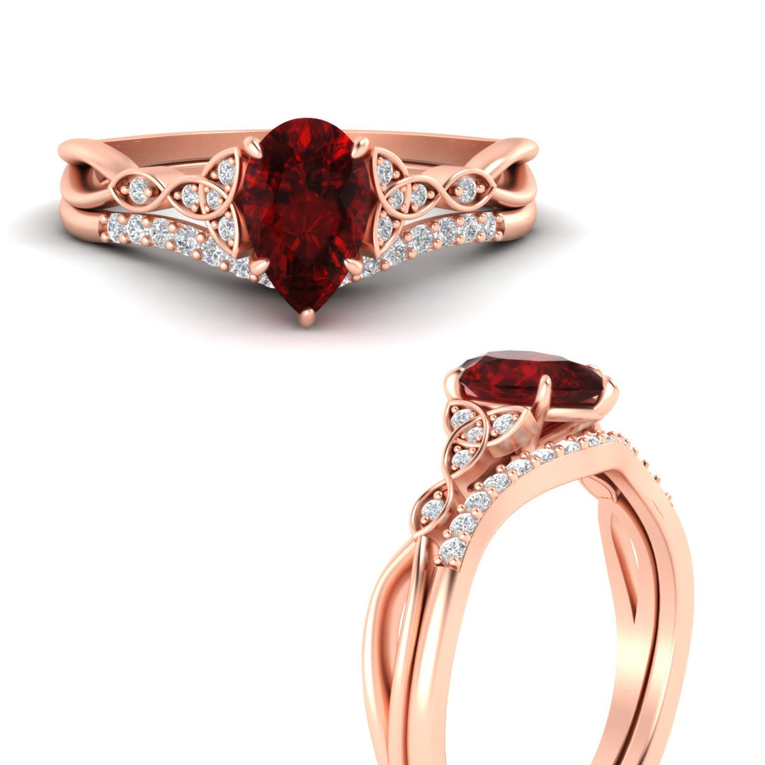 Celtic Knot Split Pear Ruby Wedding Ring Set